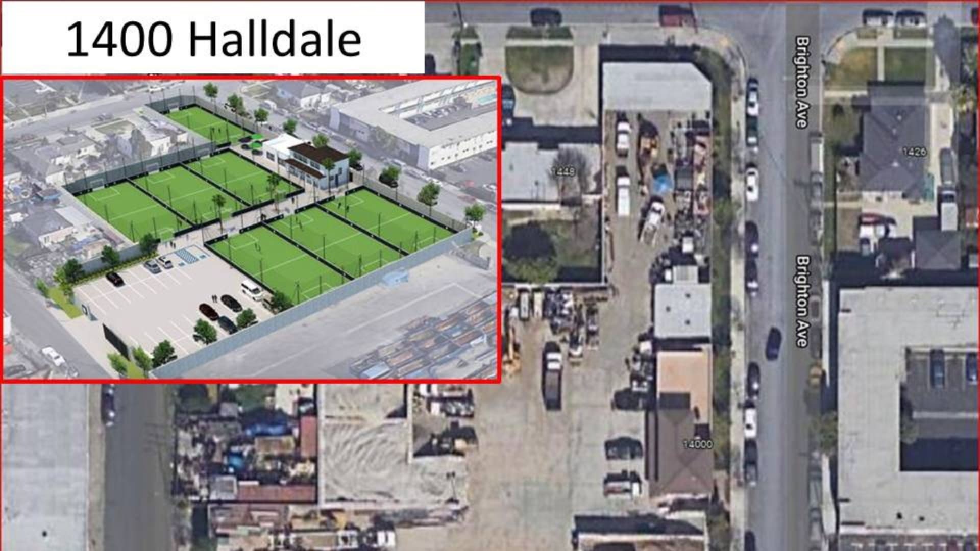 Aerial view of industrial site leased by Labfive Soccer Center